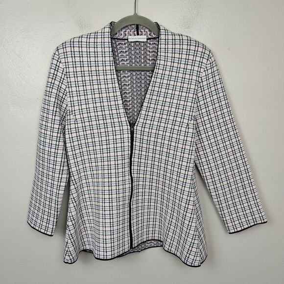 Scanlan Theodore Houndstooth Knit Blazer Womens Large White Pink Zip Up Preppy - Picture 1 of 7